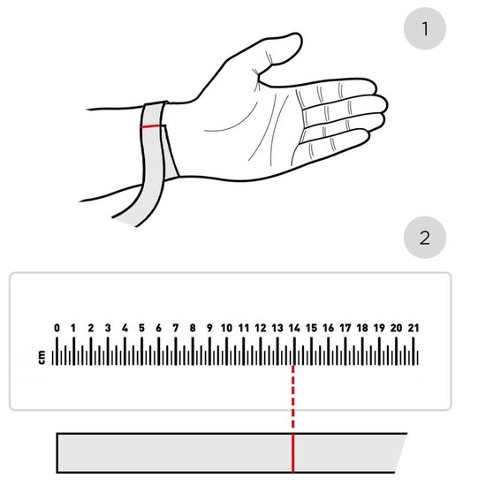 Illustratie van een hand met een armband en een liniaal die de polsmaat aangeeft in centimeters.