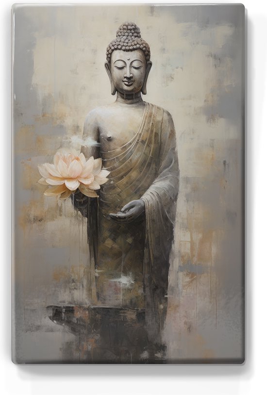Boeddha met bloemen - Laqueprint - 19,5 x 30 cm - Niet van echt te onderscheiden handgelakt schilderijtje op hout - Mooier dan een print op canvas. - LP511