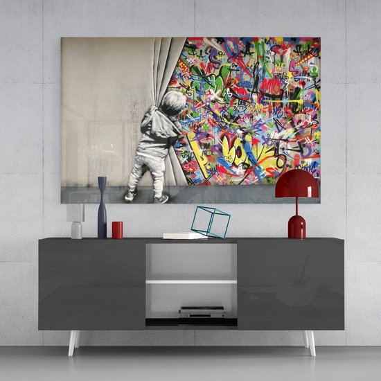 Glasschilderij - Banksy - Graffiti - Wanddecoratie - 72x46 cm - 4 mm