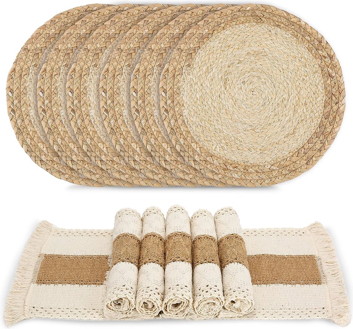 Chemin de table, macramé en coton et toile de jute, style ferme