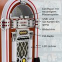 Jukebox met CD-speler, USB/SD-ingang, scherm, FM-radio en LED-verlichting. Houten kast met rode en witte accenten.