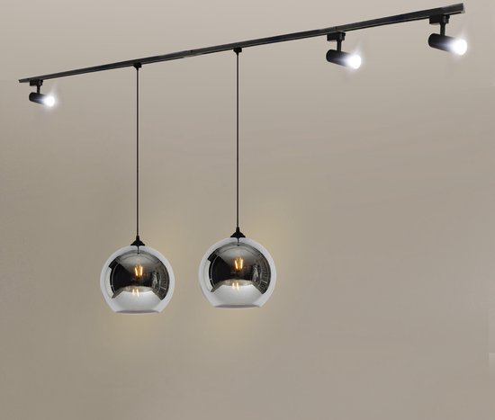 Complete set railverlichting 2 meter met 2 spots en 1 hanglamp