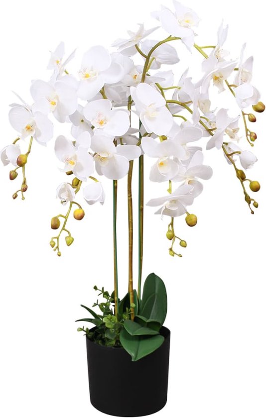 The Living Store Orchidee Decoratieve Kunstplant - 75 cm - Realistische Uitstraling - 9 Bladeren - 43 Bloemen - Inclusief Pot - Wit - Polyester