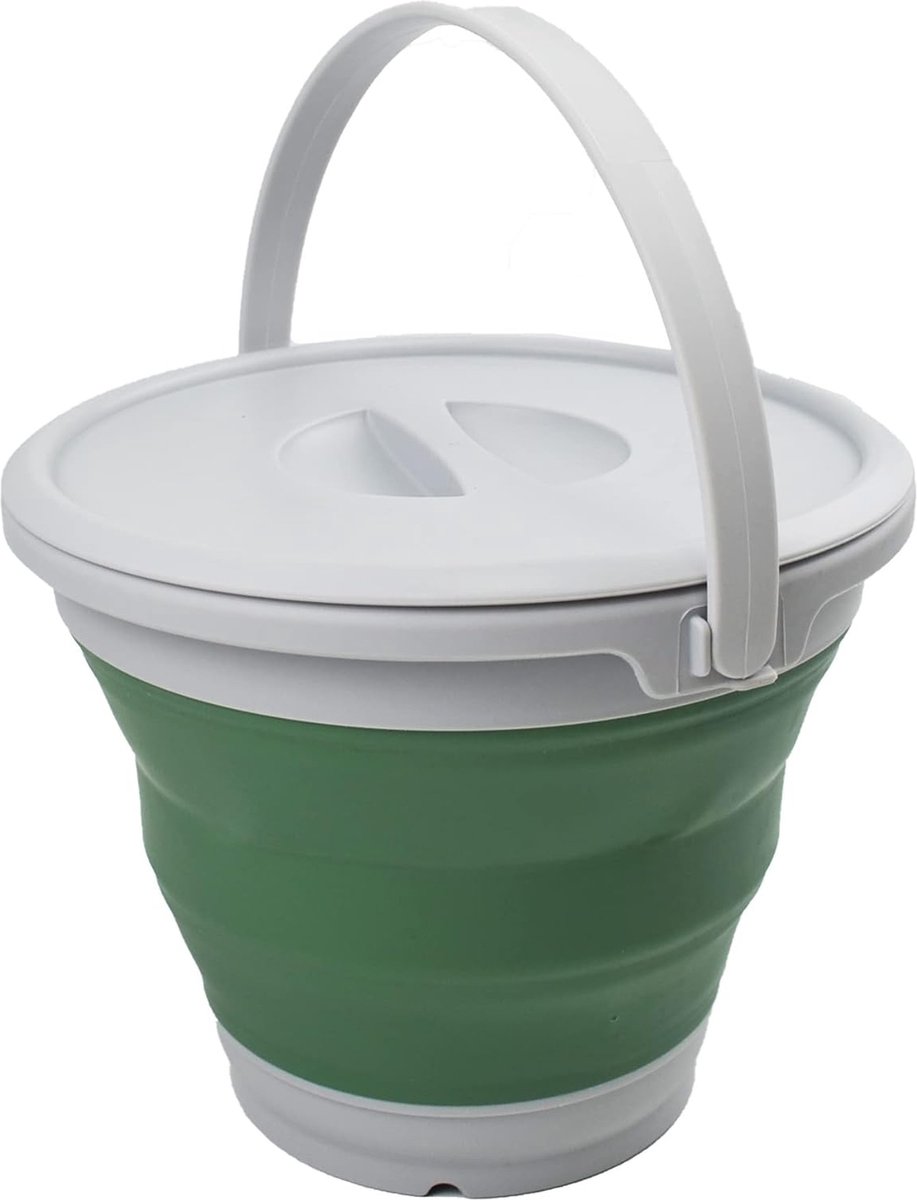 Goedkoopste 5,5 l inklapbare kunststof emmer met deksel, opvouwbare ronde kuip met deksel, draagbare wateremmer, ruimtebesparende waterfles voor buiten. (grijs/diepzeegroen, 1