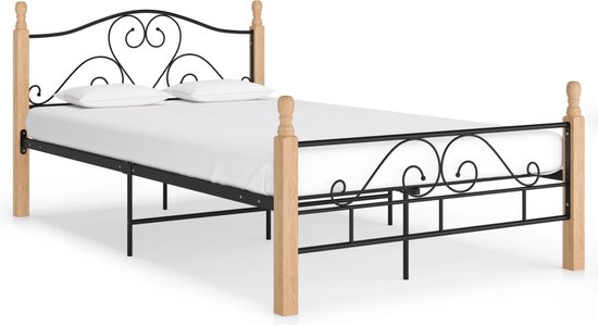 The Living Store Metalen bedframe - Zwart - Licht Eikenhout - 210x127x90 cm - Voor 200x120 cm matras