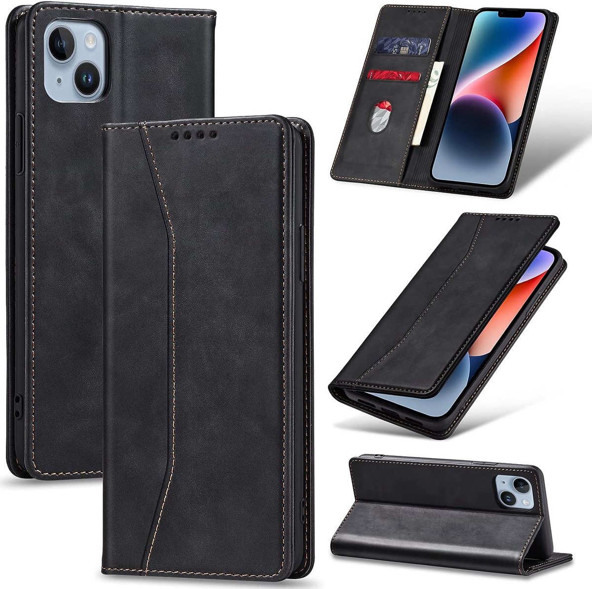 Podec Hoesje met Pasjeshouder Geschikt voor iPhone 14 Zwart Telefoonhoesje - Anti-Shock Bookcase Cover met 1x Screenprotector - Wallet Case