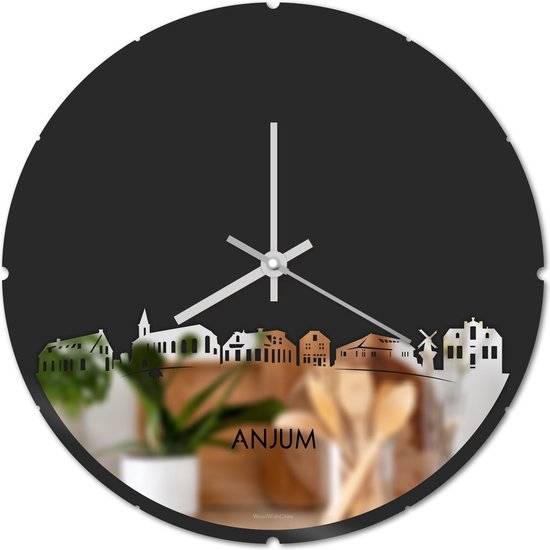 Skyline Klok Rond Anjum Spiegel - Ø 44 cm - Stil uurwerk - Wanddecoratie - Meer steden beschikbaar - Woonkamer idee - Woondecoratie - City Art - Steden kunst - Cadeau voor hem - Cadeau voor haar - Jubileum - Trouwerij - Housewarming - WoodWideCities