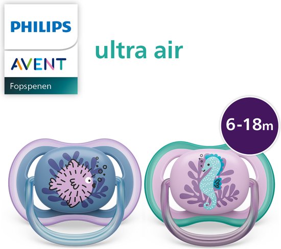 Philips Avent Ultra Air Fopspeen - 6 tot 18 Maanden - 2 Speentjes - Blauw/Roze Vis/Zeepaard - SCF085/61 — afbeelding 2