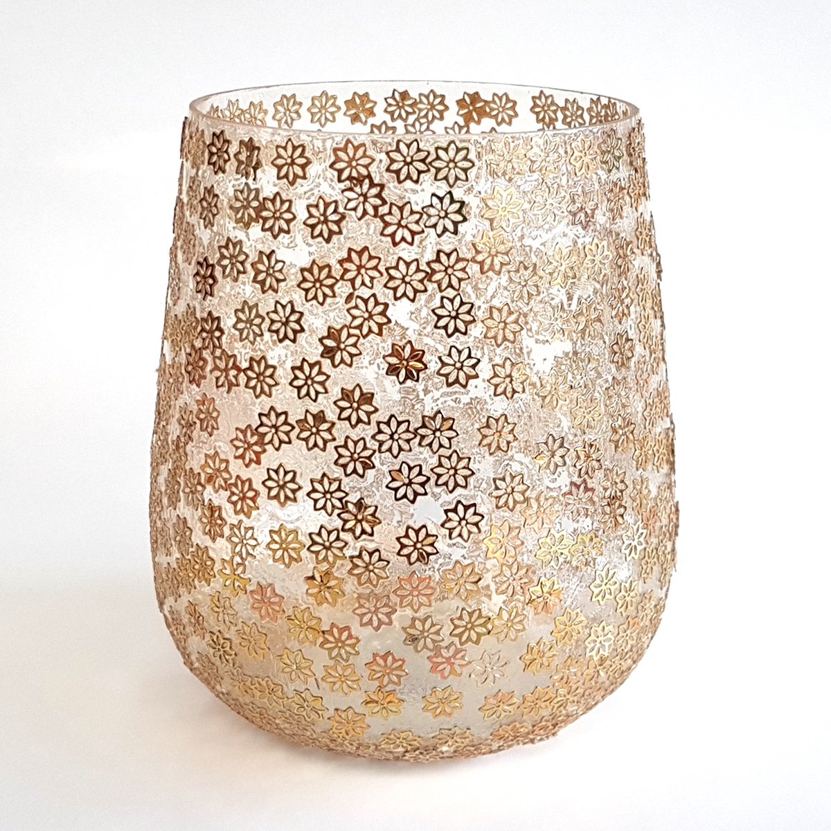 Theelichthouder / waxinelichtjeshouder / Windlicht met bloemetjes motief - Goud / transparant - 15 x 15 x 15 cm hoog.