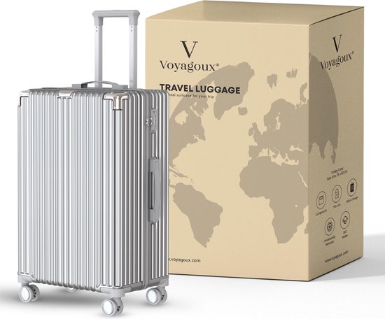 Zilverkleurige koffer van Voyagoux met gestreepte textuur, naast de bijpassende doos met een wereldkaart.