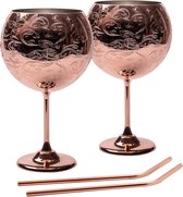 Gin-glazenset, roestvrijstalen cocktailwijnglazen set van 2, gin-bekers voor gin-liefhebbers, 680 ml, rosé goud, (alleen handwas)