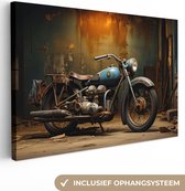 Canvas Schilderij Vintage - Motor - Blauw - Oud - Garage - 120x80 cm - Wanddecoratie
