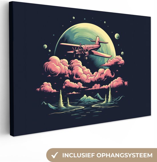 Canvas Schilderij Retro - Vliegtuig - Wolken - Planeten - Bergen - Zwart - Roze - 90x60 cm - Wanddecoratie