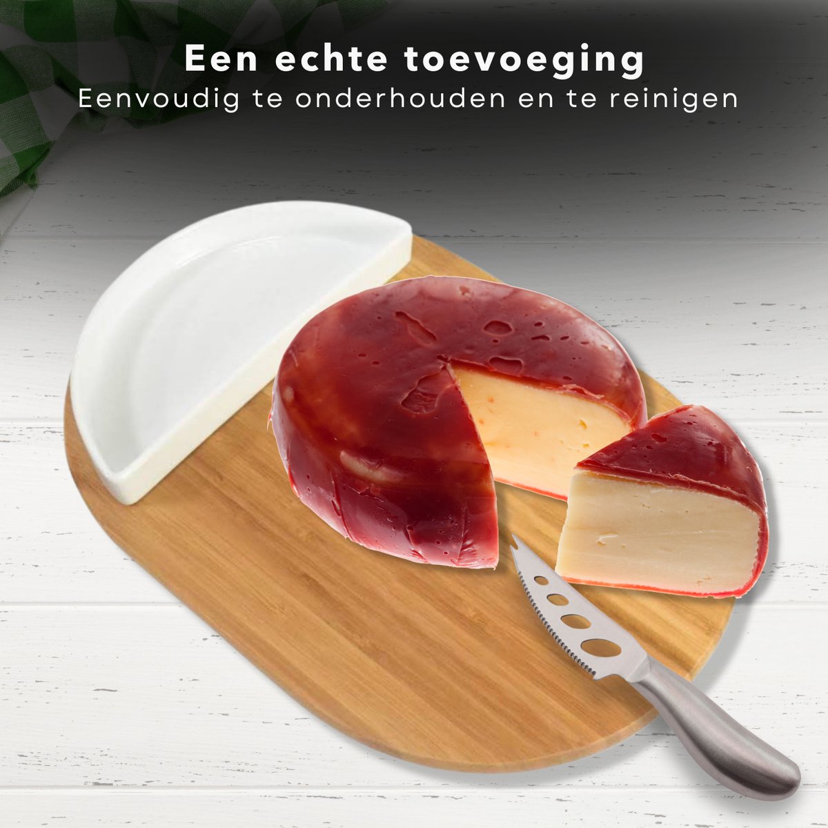 Kaasplank Set - Kaasplankje - Serveerplank - Ovaal Bamboe - 30x19,5cm - Bakje & Mes - Porselein & Roestvrijstaal — cadeau in Kookcadeaus - foto 4