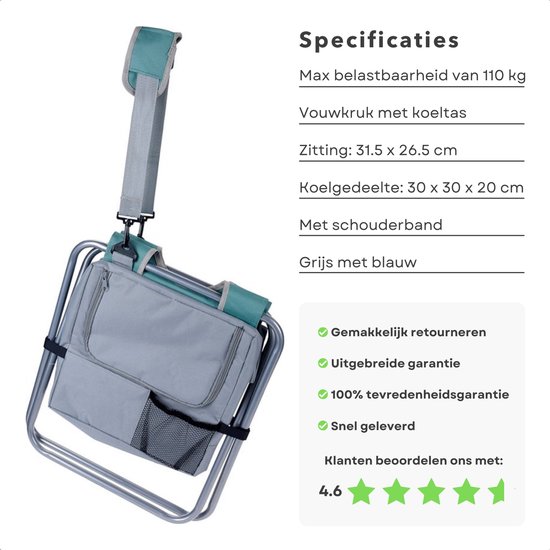Cheqo® Vouwkruk met Koelbox - Koeltas Opvouwbaar - 30x30x20 cm - Campingstoel - Vissersstoel - Reistas - Stoel - Blauw van Cheqo — afbeelding 2