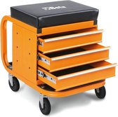 Werkplaatsstoel met Laden - Ladezitting - Werkplaatsrolkruk (3 Laden met Telescopische Geleiders, Opbergvak voor Gereedschap, 4 Wielen, Totale Hoogte: 450 cm) - Oranje