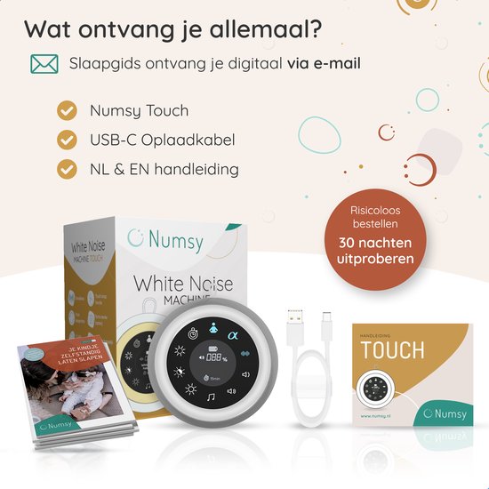Numsy Touch machine, USB-C kabel, handleiding. Toont 'Wat ontvang je allemaal?'.
