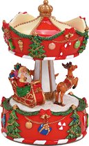 Viv! Christmas Kerst Muziekdoos - Draaimolen met Kerstman in Slee en Rendieren - rood wit groen - 17 cm