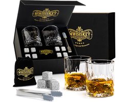 Whisiskey Luxe Whiskey Set - Incl. 2 Whiskey Glazen, 8 Whiskey Stones, Fluwelen Opbergzak, Opbergbox - Whisky Geschenkdoos - Glas - Herbruikbare IJsblokjes