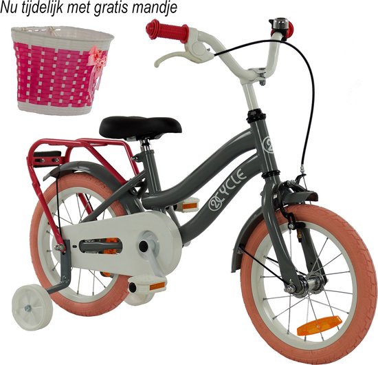 2Cycle Pretty - Kinderfiets - 14 inch - Grijs-Roze - Meisjesfiets - 14 inch fiets