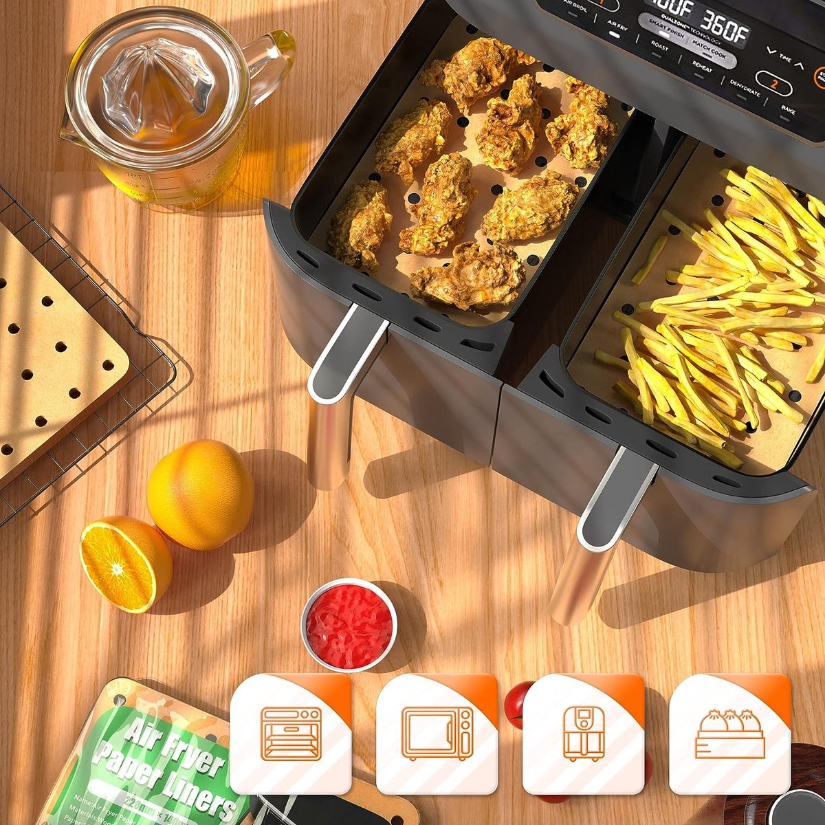 100 pièces Friteuse À Air Jetable En Papier rectangle , Antiadhésif  Parchemin Pour Double Friteuse À Air , Friteuse À Air Accessoire ,  Résistant À L'Huile & Waterproof, Mode en ligne