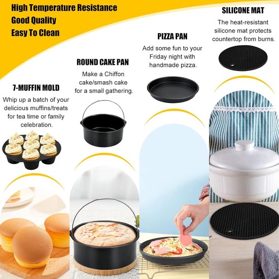 Perow Accessoires voor heteluchtfriteuse - Airfryer Accessoires - Geschikt  voor XL en XXL - Complete Set - ø 20 cm