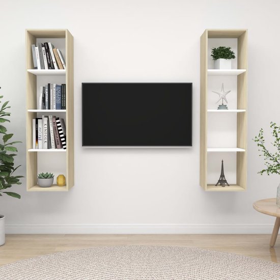 The Living Store Tv-meubelset - Wandmontage - 37x37x142.5 cm - Wit/Sonoma eiken - 2 stuks