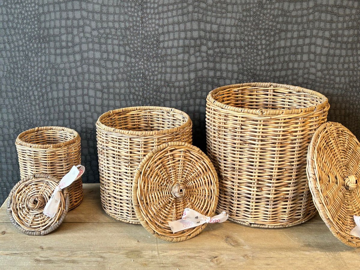 Rieten Voorraadpotten - Set van 3 - Met Deksel - Srimit Grey - D25xH25, D20xH20 & D13xH16 cm