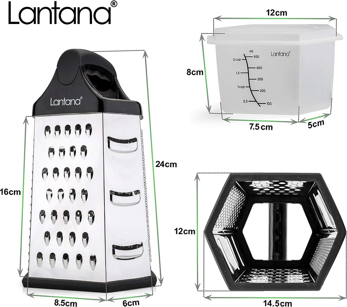 Lantana - Râpe manuelle à 6 faces avec récipient - 6 fonctions essentielles  : râpe grossière/moyenne/fine/très petite et zesteur/trancheuse -  couvercle/verre mesureur adaptés inclus : : Cuisine et Maison