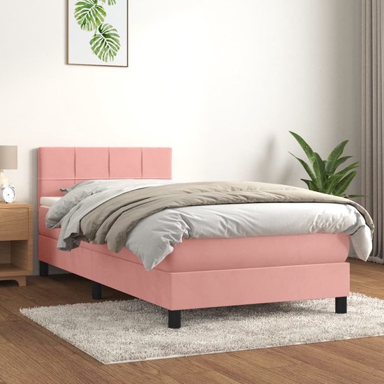 The Living Store Boxspringbed Roze - 203 x 100 x 78/88 cm - Zacht fluweel - Praktisch hoofdbord - Pocketvering matras - Middelharde ondersteuning - Huidvriendelijk topmatras