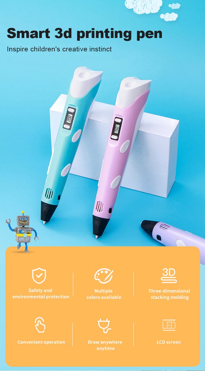 Stylo d'impression 3D pour enfants, stylo de dessin 3D créatif avec  filaments PLA 10 couleurs, écran LCD, alimenté par USB, stylo 3D pour  loisirs