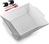 Grillmand van roestvrij staal, grote grillschaal, groentemand voor barbecues en gerookte groenten, grillpan met kooktang, bakkwast en pannenlappen, 35,5 x 31,5 x 6 cm