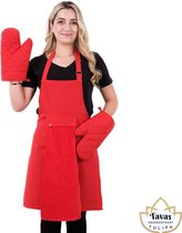 Tulipa rode Keukenschort Set van 3 met rode Handdoek en Ovenwanten Professioneel Verstelbaar Kookschort BBQ Schort Horecakwaliteit Schorten voor vrouwen One Size Fits All