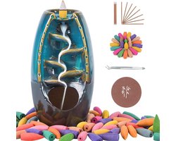 Wierook Houder Waterval - Cadeau Set met Wierookbrander, 100 Backflow kegels, Wierookstokjes, Pincet en Matje
