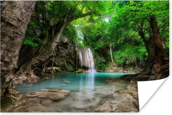 Poster Jungle - Waterval - Planten - Water - Natuur - 120x80 cm - Kerstversiering - Kerstdecoratie voor binnen - Kerstmis
