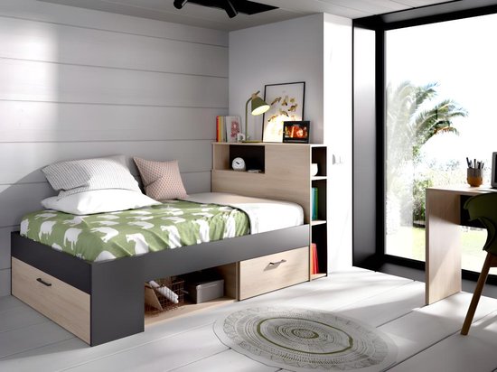 Bed met hoofdbord, opbergruimte en lade - 90 x 190 cm - Antraciet en naturel + Bedbodem - LEANDRE L 218.5 cm x H 95 cm x D 99.5 cm