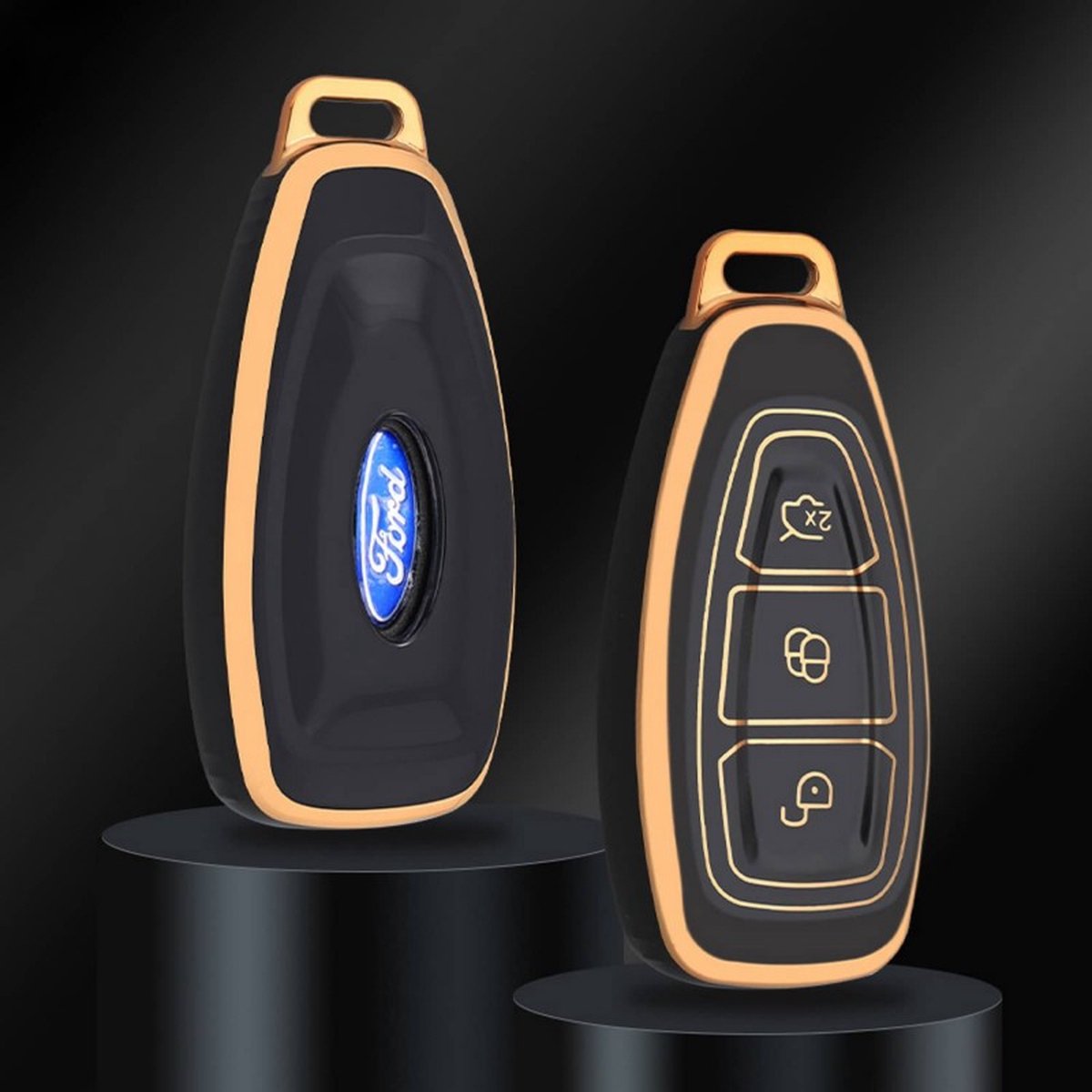 Autosleutel hoesje - TPU Sleutelhoesje - Sleutelcover - Autosleutelhoes - Geschikt voor Ford -zw-goud- K3 - Auto Sleutel Accessoires gadgets - Kado Cadeau man - vrouw