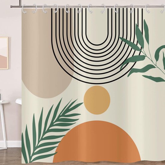 Bonhause Abstract Boho blad douchegordijn 180 x 180 cm midden eeuw moderne tropische bladeren badkamer gordijn waterdicht schimmel- en schimmelbestendig polyester stof badgordijn met 12 haken