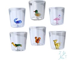 ZijTak - Set van 6 glazen - Waterglas - Drinkglas - Glas met Dier - Glas - Walvis - Eekhoorn - Eend - Hert - Flamingo - Schildpad