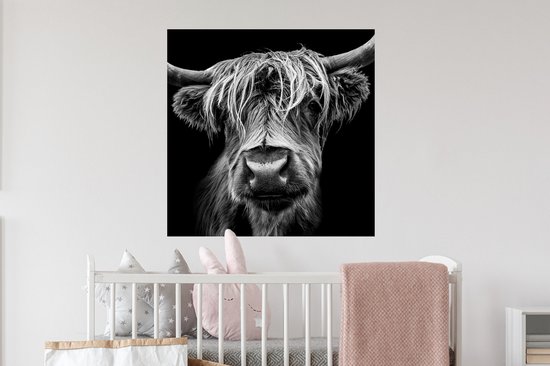 Stickers muraux - Film autocollant - Highlander écossais - Cornes - Zwart - Wit - Vache - Gibier - Animaux - 50x50 cm - Film adhésif - Stickers muraux Chambre d'enfant - Papier peint autocollant - Papier peint autocollant - Film autocollant