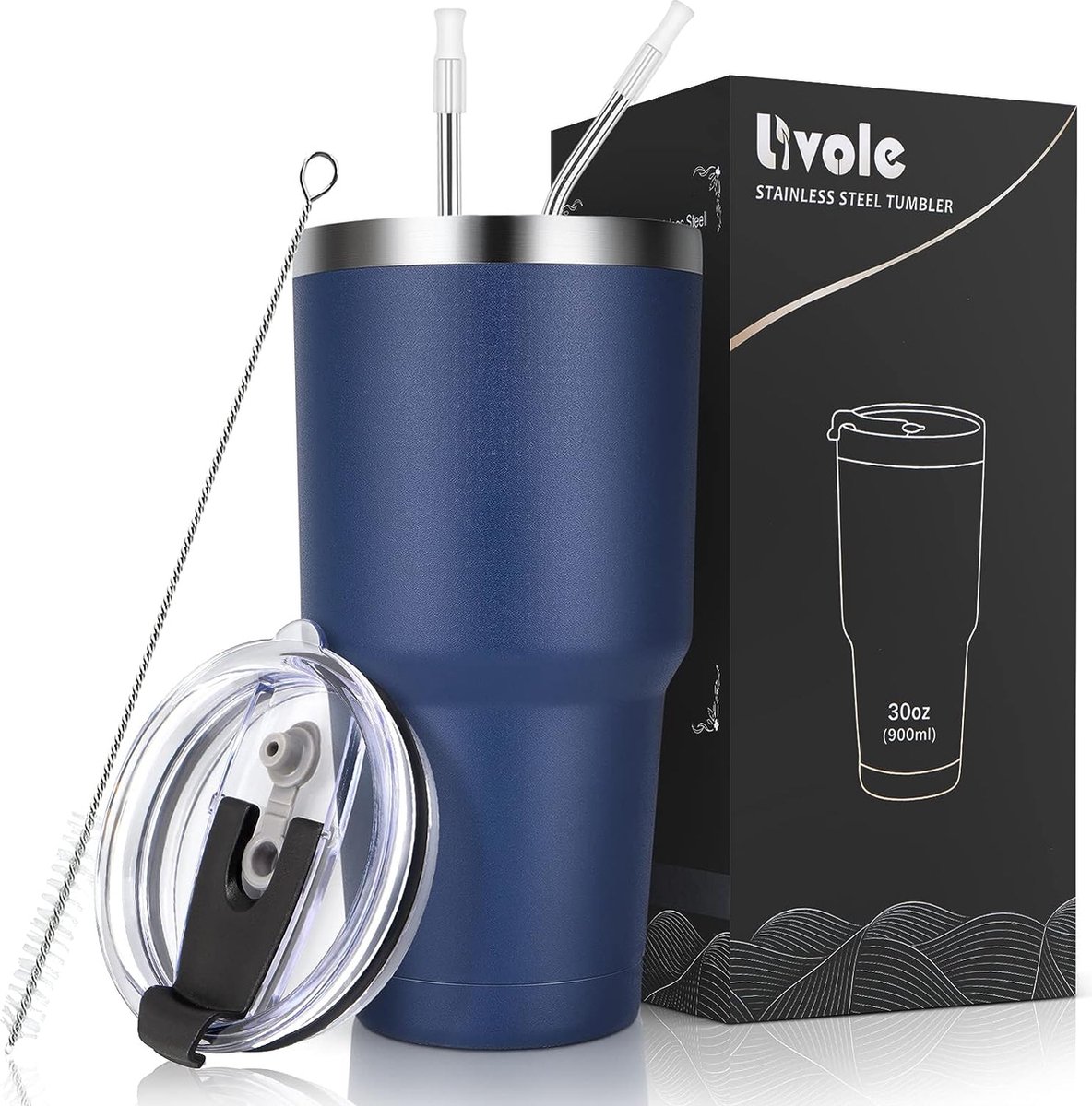 Image of 30oz 900ml drinkbeker voor mannen en vrouwen, thermobeker koffie to go, campingbeker, dubbelwandige roestvrijstalen beker met rietje, geïsoleerde vacuüm koffiemok, reisbeker, marineblauw