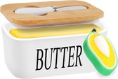 Botervloot porselein, boterschaal met botermes voor 250 g boter + schoonmaakspons, duurzame container van bamboe met deksel, milieuvriendelijk met bamboe deksel