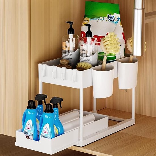 Organisateur sous évier à 2 niveaux avec tiroir de rangement coulissant,  organisateur de panier d'armoire pour cuisine de salle de bain -t