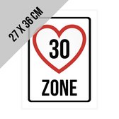 Pictogram/ bord | "Zone 30 km/u" - hartvorm | 27 x 36 cm | Hart | Traag rijden | Stapvoets verkeer | Snelheidslimiet | 30 kilometer per uur | Woonerf | Spelende kinderen | Gevaar | 1 stuk