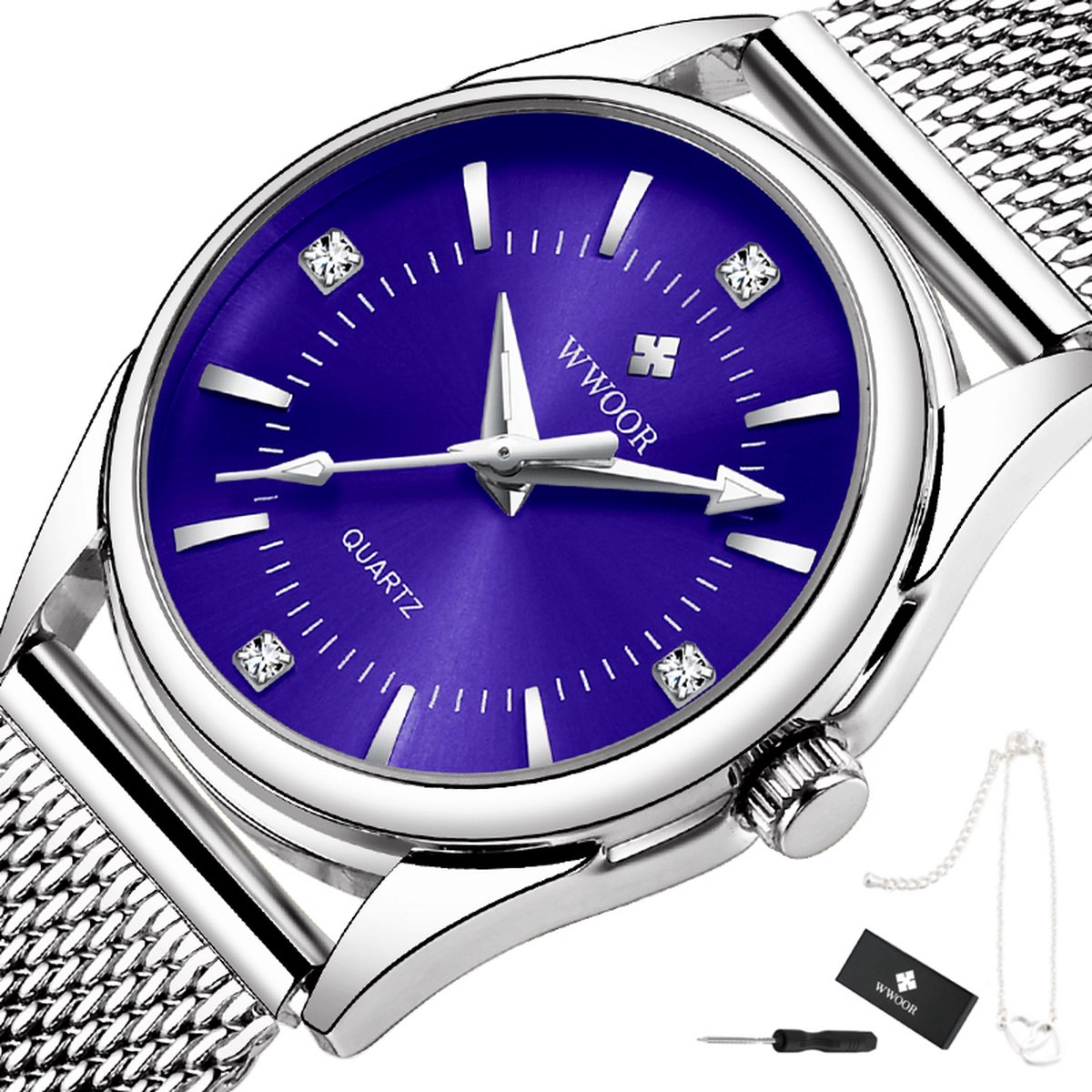 WWOOR - Horloge Dames - Cadeau voor Vrouw - 29 mm - Zilver Blauw