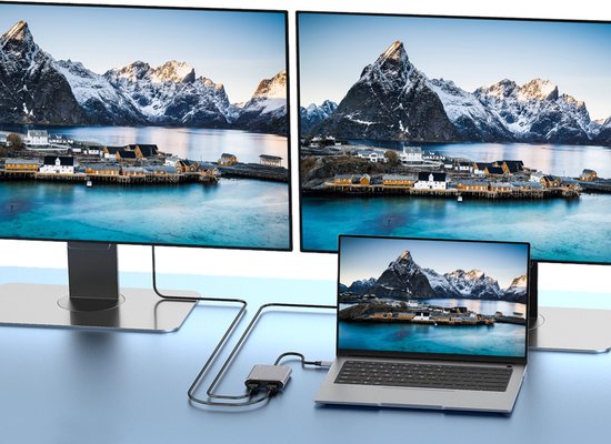 Compact USB-C Hub naar 2 x HDMI + USB3.0 + USB-C (voor opladen)