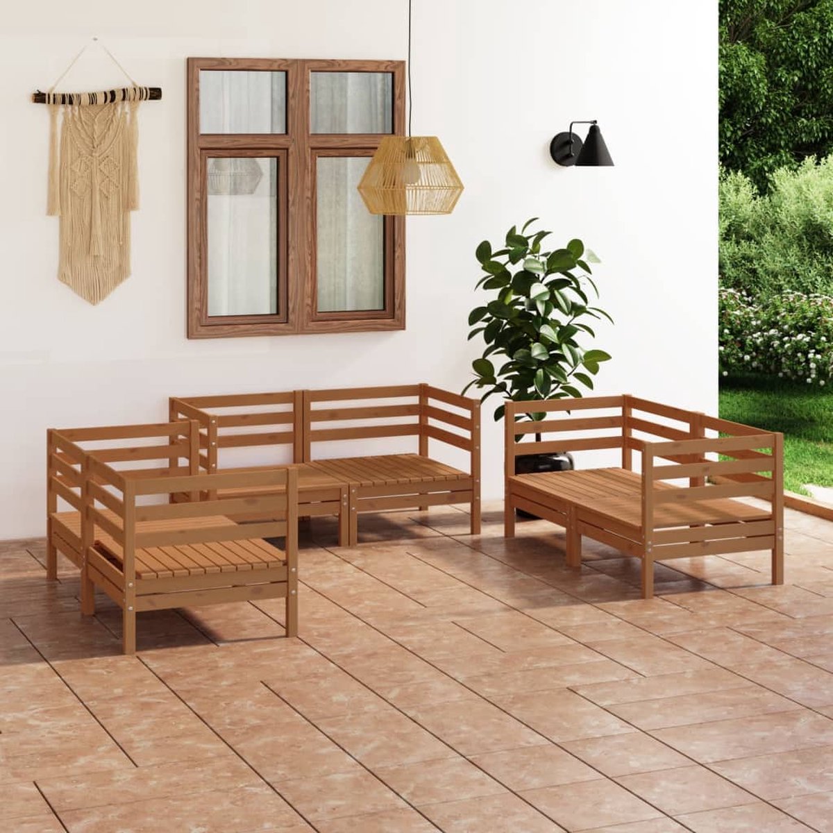 The Living Store 6-delige Loungeset massief grenenhout honingbruin - Loungeset - Tuinlounge - Lounge Bank - Houten Loungebank - Grenenhout