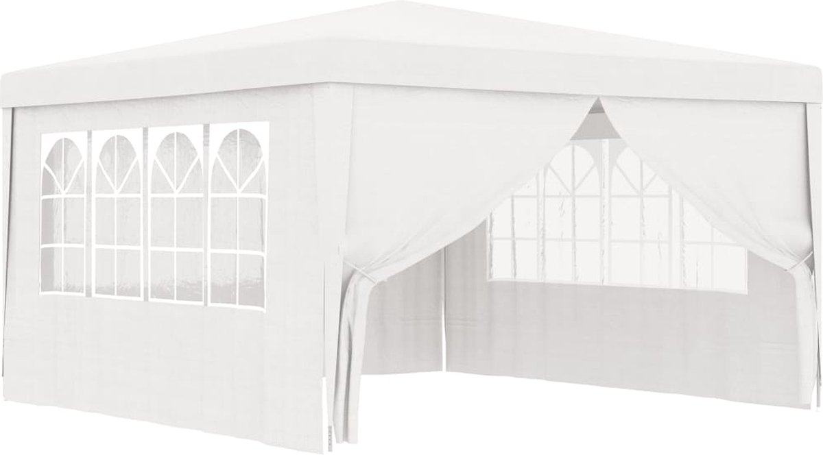 Sturdy white 4x4m professional party tent with side walls for outdoor garden events under The Living Store brand.