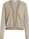 Een beige gebreid vest voor dames, open aan de voorkant met lange mouwen.