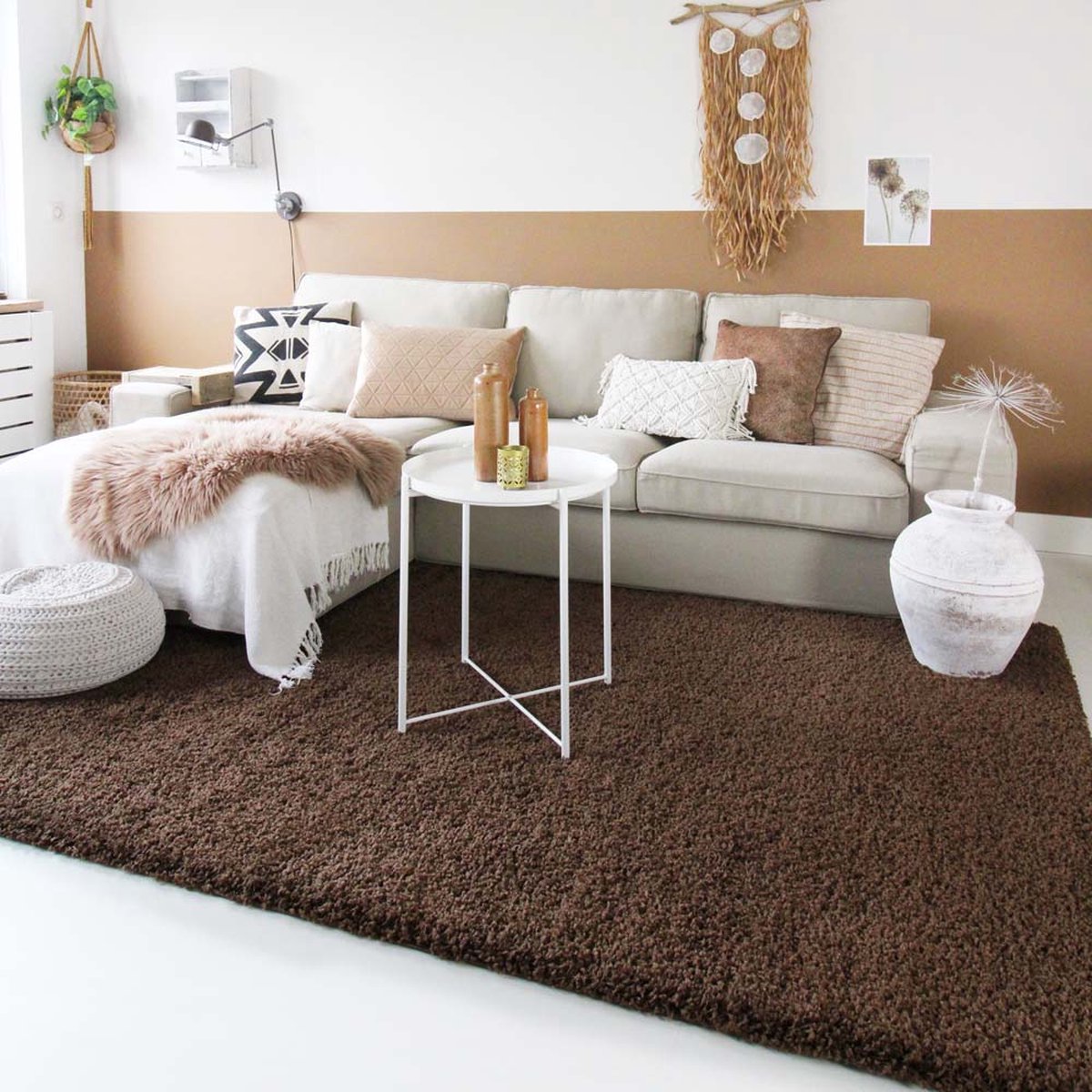 Vierkant hoogpolig vloerkleed - Shaggy Trend bruin 160x160